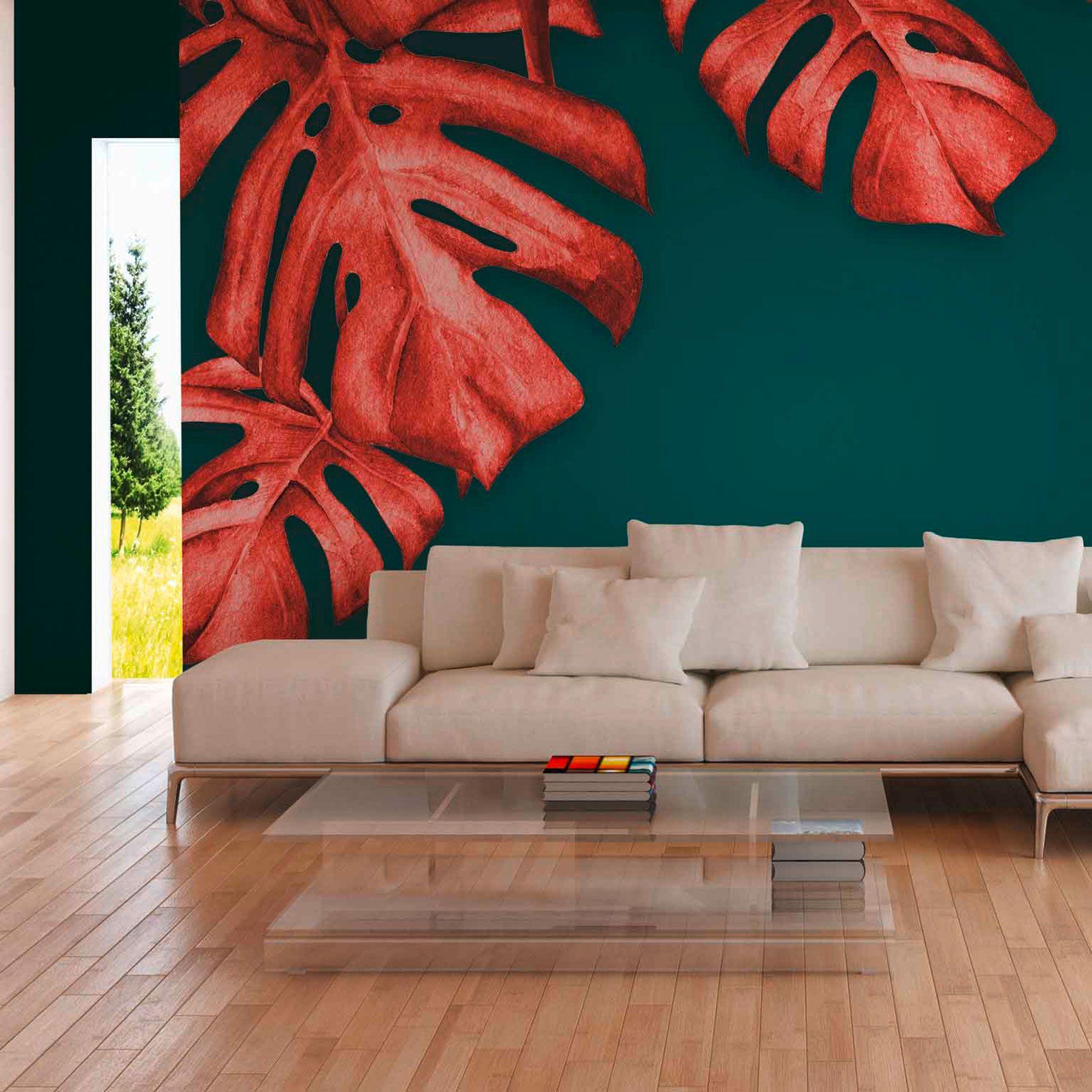 Palmetræ tapet RedPalm i grøn rød - non-woven tapet Designwalls 2 - 2,55 x 3,5 m