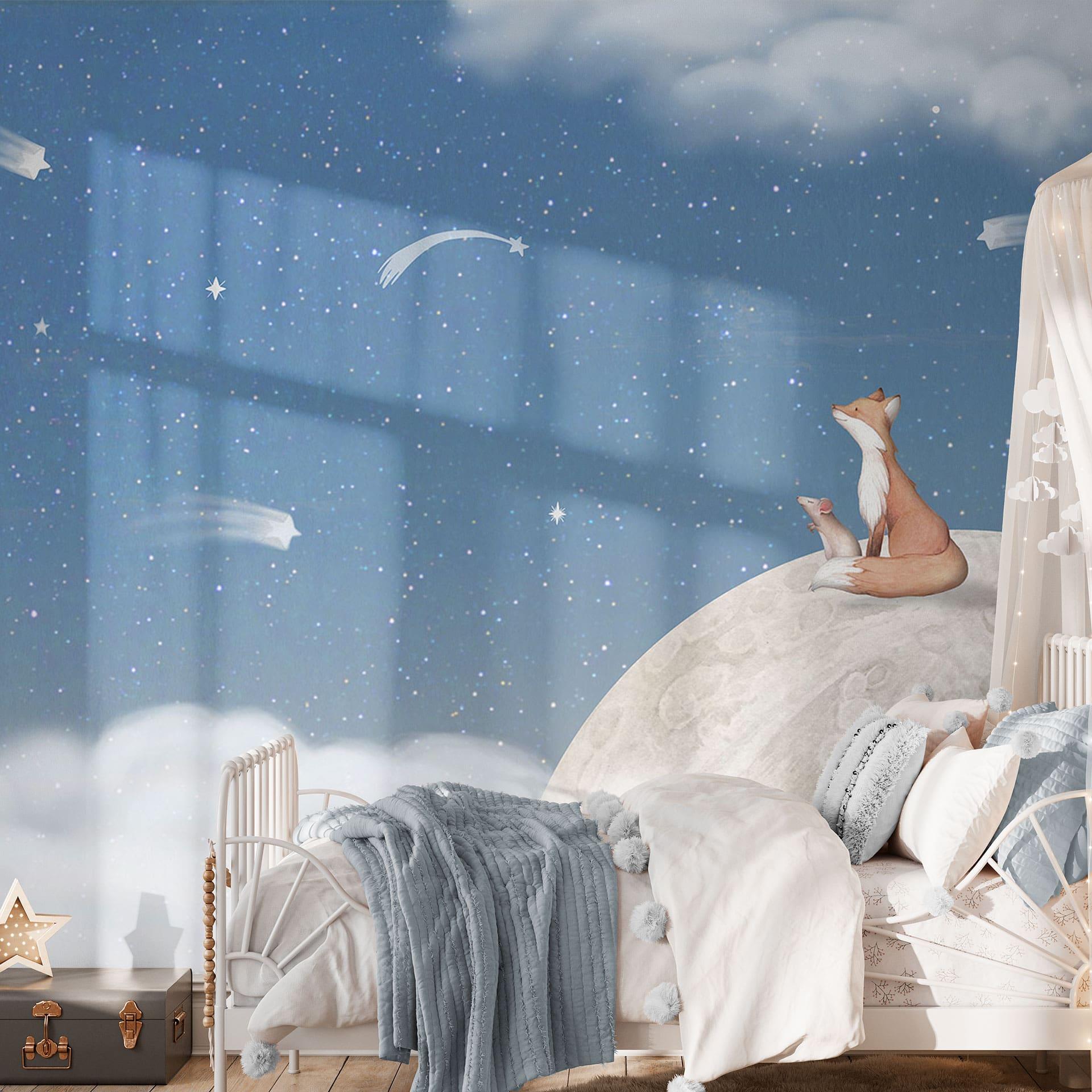 Fotomural de habitación infantil - Zorro en la luna con estrellas fugaces - Oliver Robins