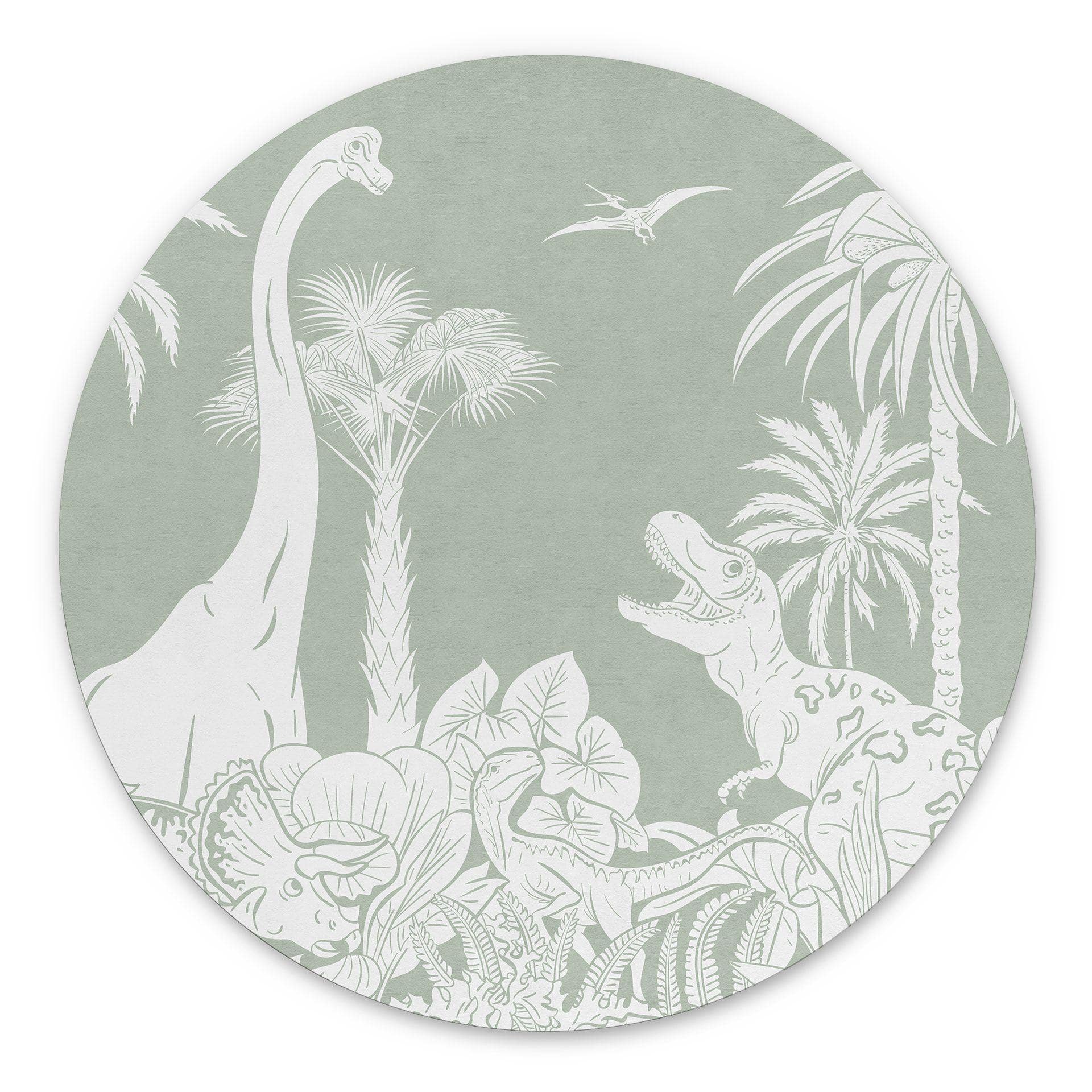 Rundt billede Grønne urtidsverdener - Dinosaurer under palmer - Kikki Belle – print på aluminium
