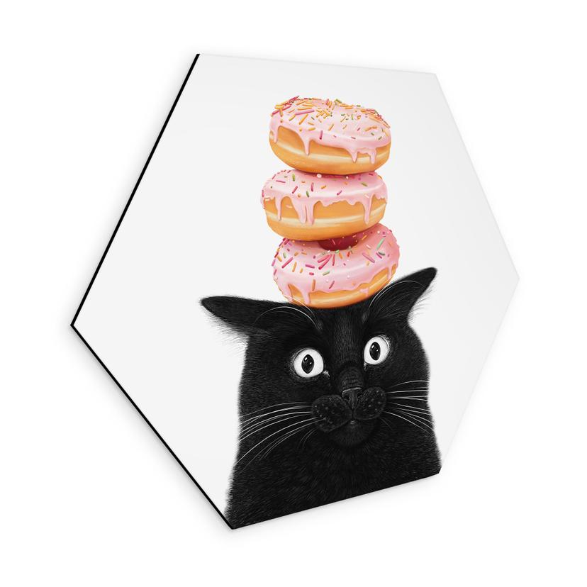 Hexagon Wandbild Schwarze Katze mit pinken Donuts - Korenkova - Alu-Dibond