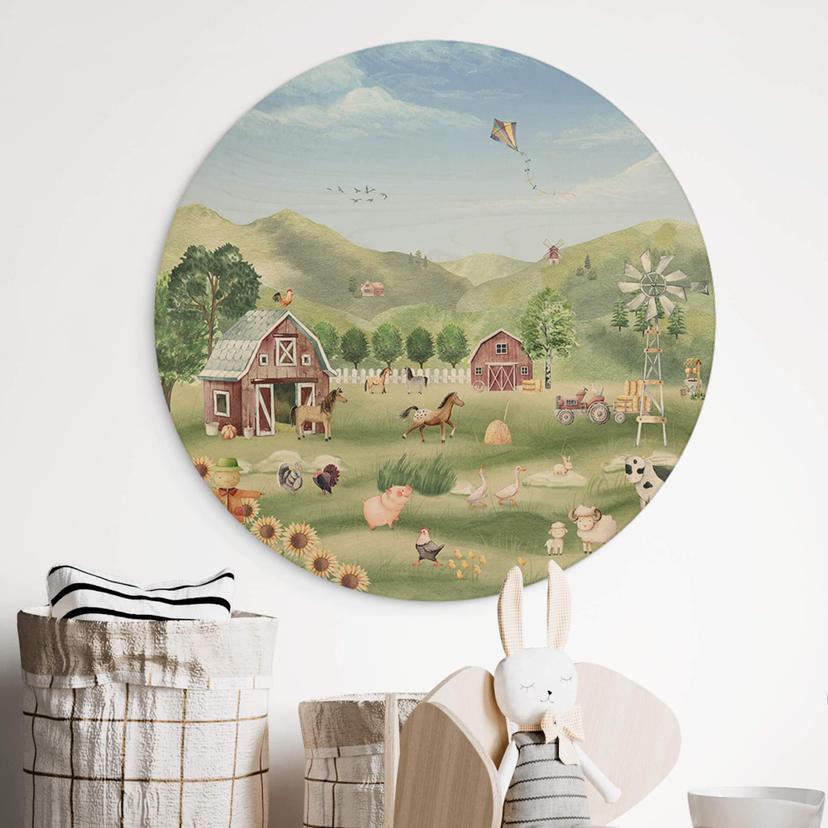 Kinderzimmer Holzbild - Oliver Robins - Bunter Bauernhof mit Tieren - Rund