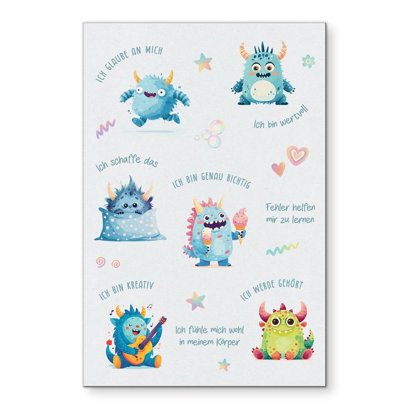 Alu-Dibond Wandbild - Affirmationen Monster in Pastellfarben für Kinder