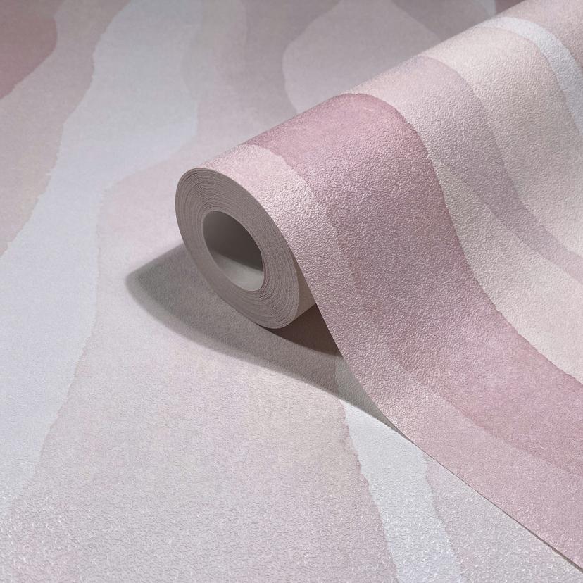 Non-woven tapet i rosa abstrakt randig look grafisk modern
