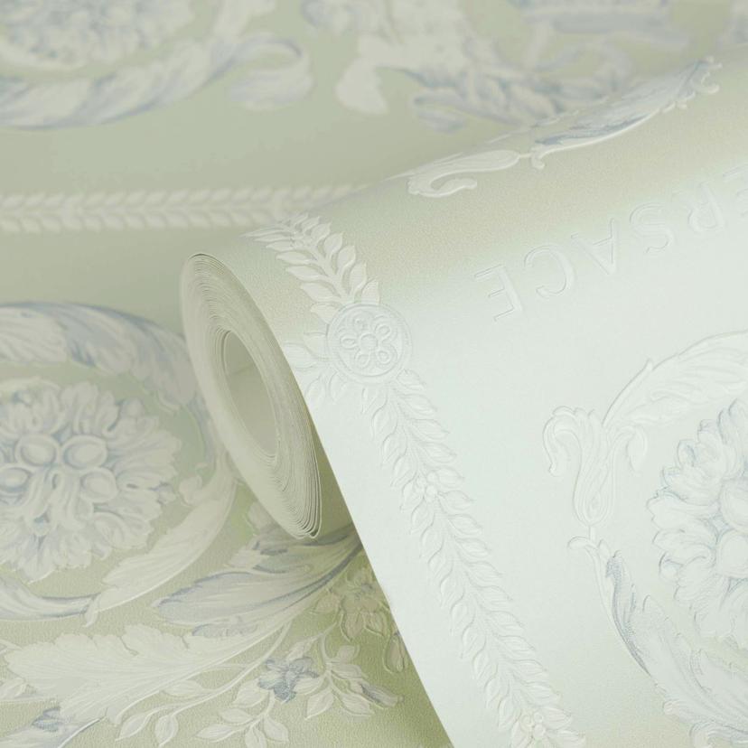 Carta da parati in tessuto non tessuto Versace Heritage Baroque Medallion Floral Green White Blue lu