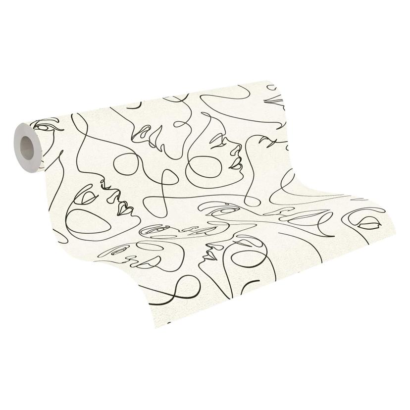 Papel pintado Face line art crema negro - Papel pintado no tejido arte abstracto moderno