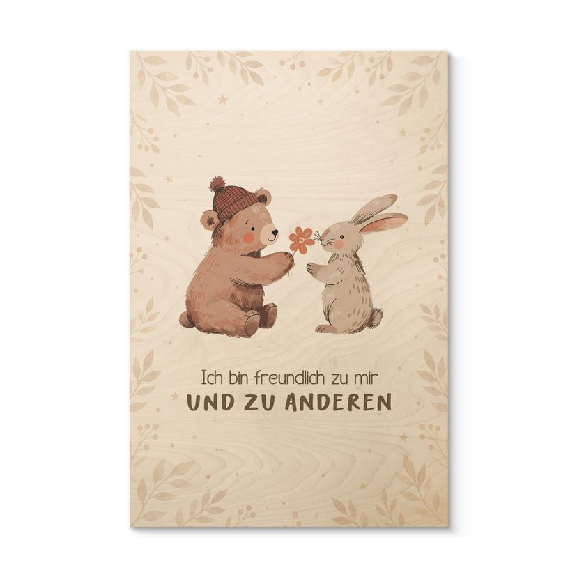Holzbild mit Bär und Hase - Affirmation 'Ich bin freundlich' fürs Kinderzimmer