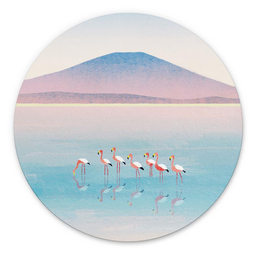Wanddecoratie Pastelkleurig meer met flamingo's - Rivers - Alu-Dibond Rond