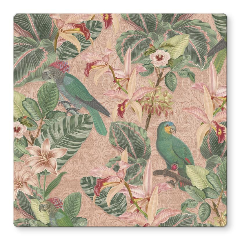 Glasbillede - Jungle med papegøjer Pink - Bloomery Decor - Square