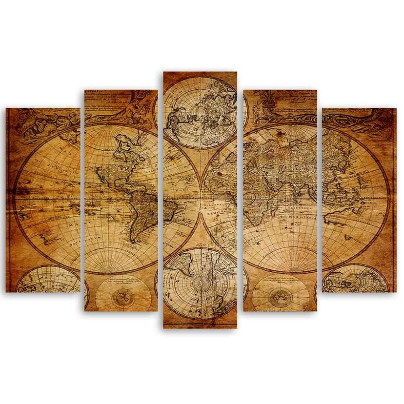 Stampa su tela 5 pezzi Mappa del vecchio mondo Marrone