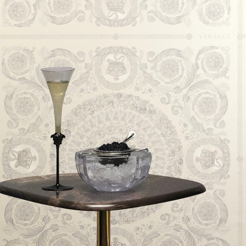 Versace Papier peint intissé Heritage baroque médaillon floral blanc gris luxueux élégant