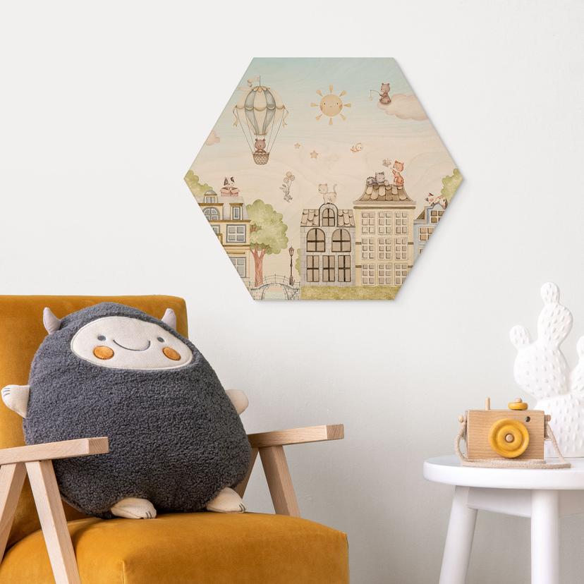 Hexagon Holzbild Katzen über den Dächern - Oliver Robins