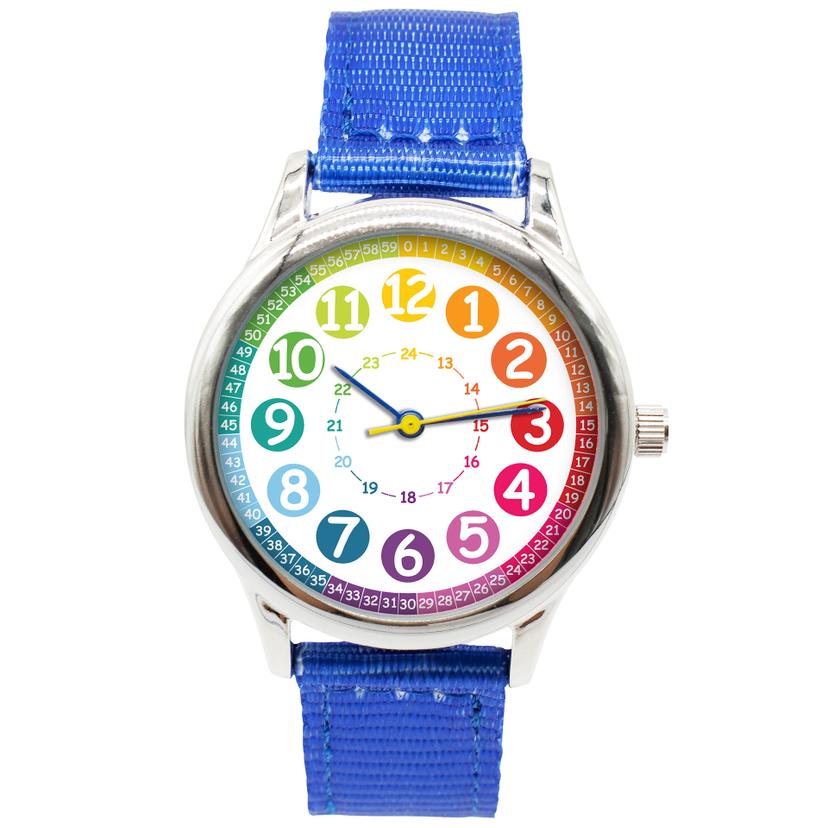 Kinder Armbanduhr - Lernuhr analog - Blau mit Regenbogen Zifferblatt