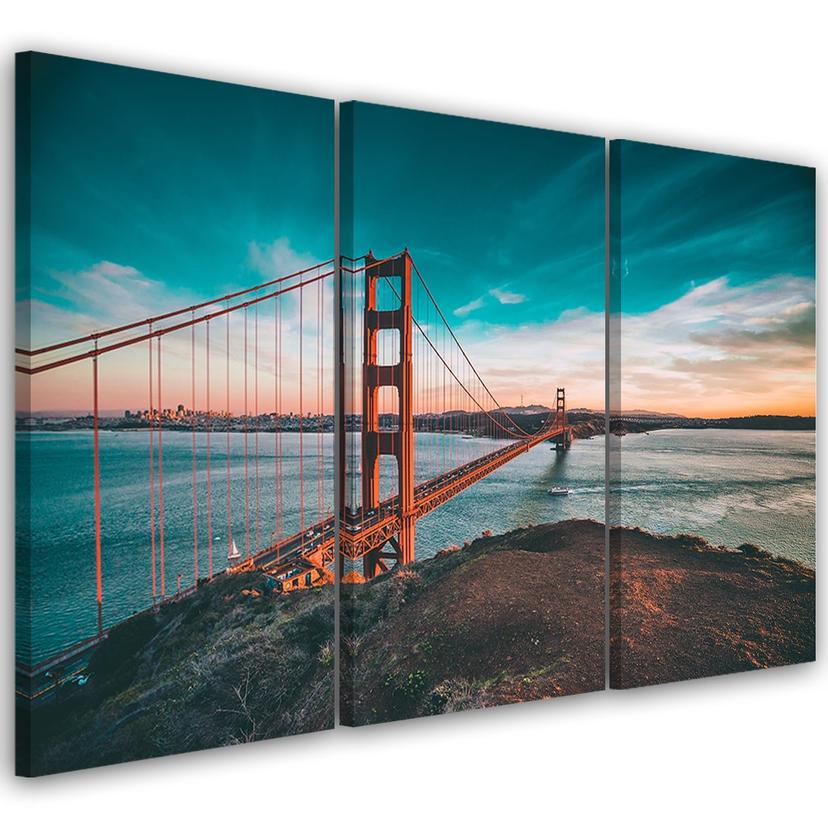 3 stykke lærredstryk, Golden Gate Bridge San Francisco turkis