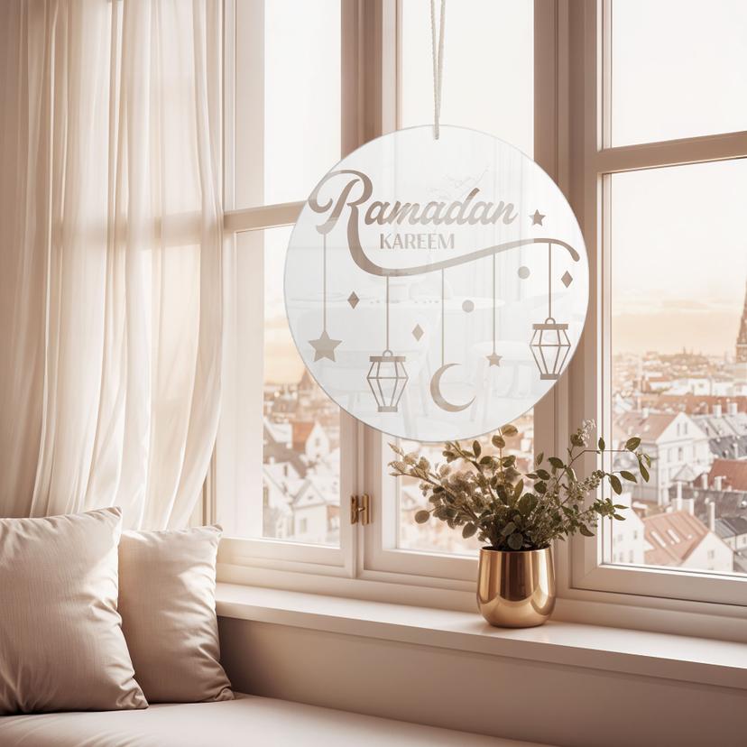 Akrylglasbillede, vinduesbillede til ophængning Ramadan Kareem - Månestjerner Lanterner - Rund
