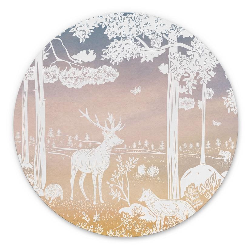 Tableaux ronds Forêt paisible avec cerfs et renards - Ombre - Kikki Belle - Alu-Dibond