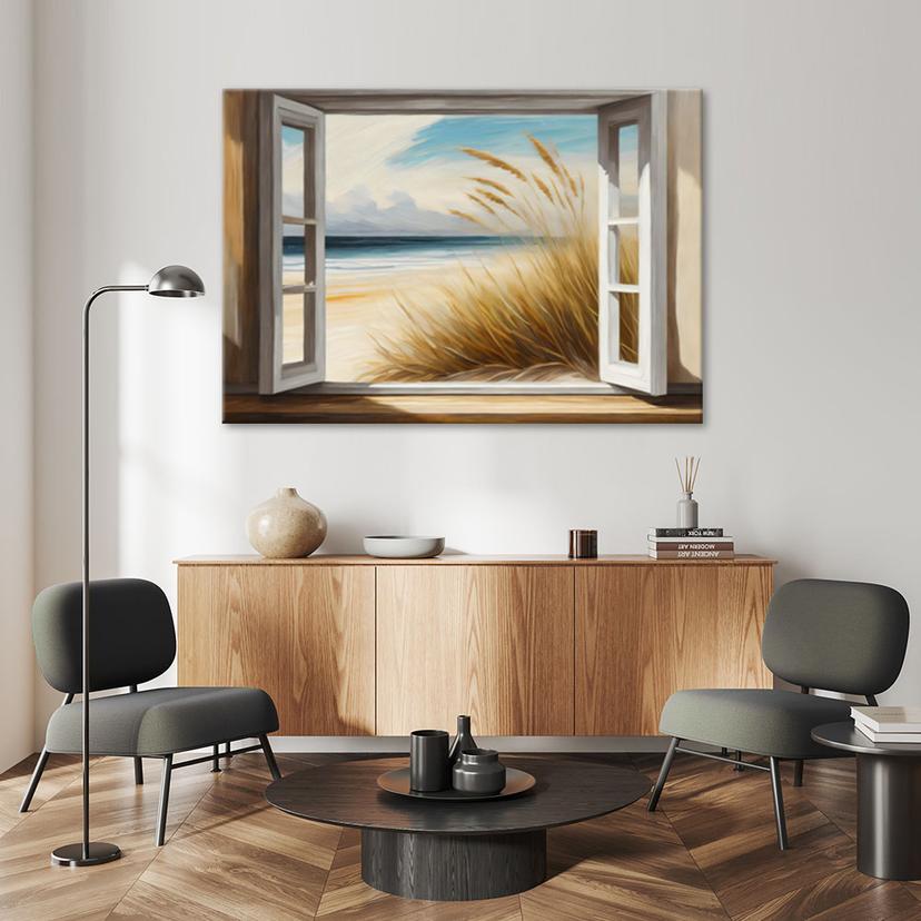 Leinwandbild Blick aus dem Fenster auf den Strand