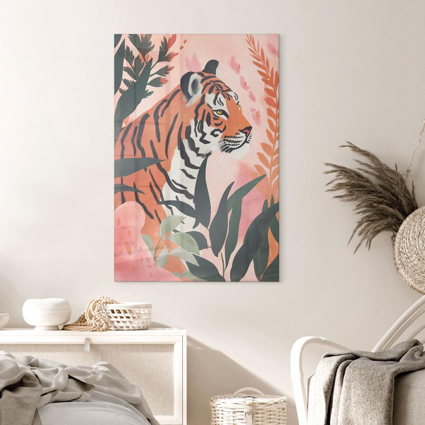 Stampa su vetro acrilico Tigre in una giungla rosa - Treechild