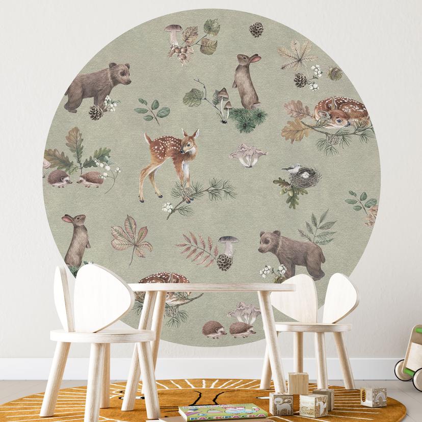 Papier peint photo faon et amis de la forêt - animaux pour enfants - vert - Kikki Belle - Rund - pap