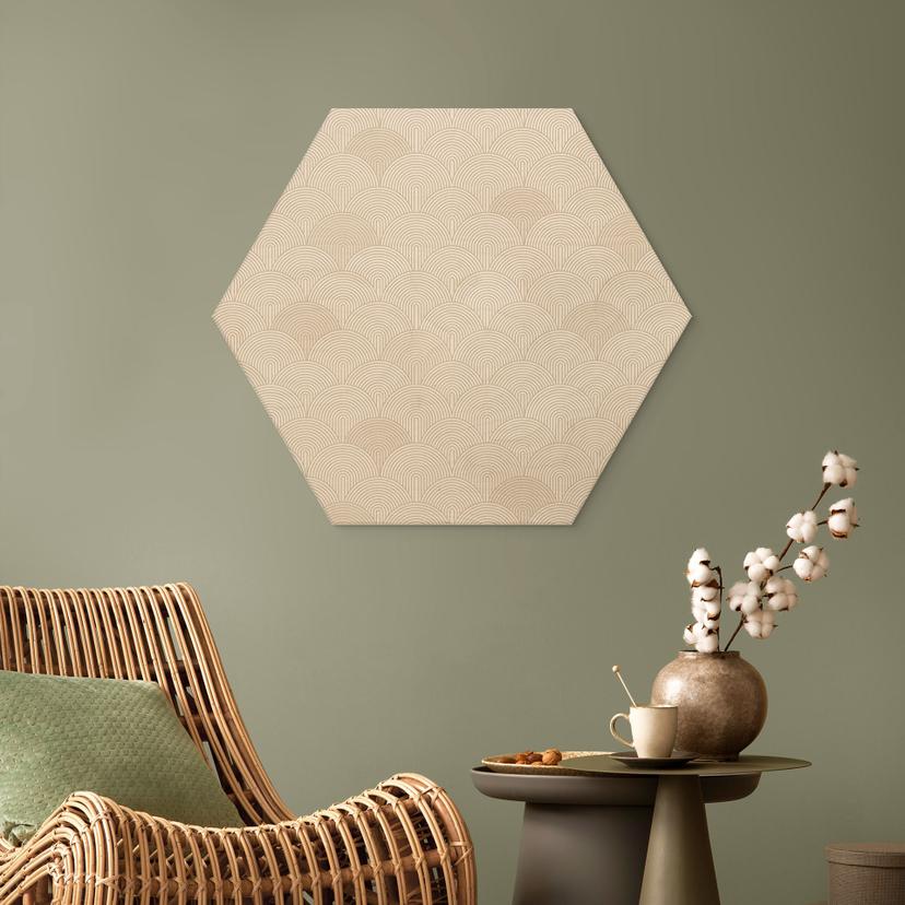 Stampa su legno esagonale Semicerchi astratti in morbido beige - Bloomery Decor