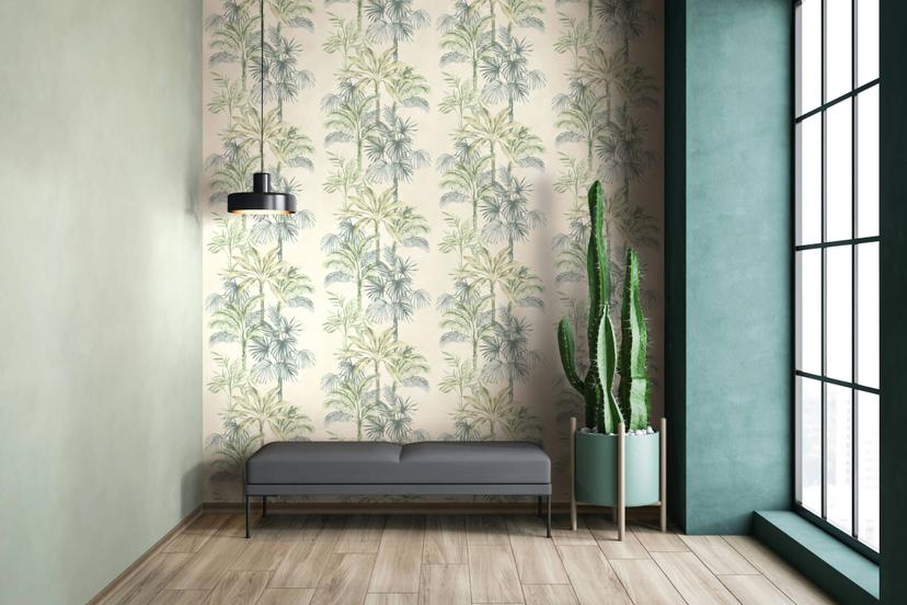 Non-woven tapet i beige grøn træer blade jungle blomster natur