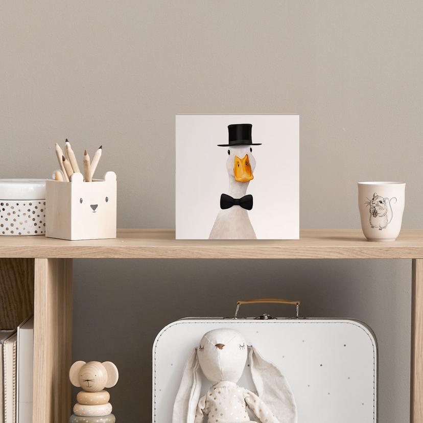 Houten Wanddecoratie om neer te zetten - Gentleman Gans met Hoge Hoed - Korenkova - 15x15 cm