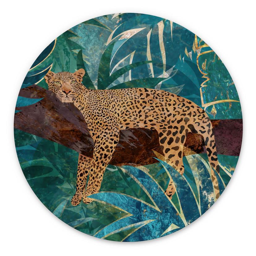 Billede af leopard i smaragdgrøn jungle - Manovski - rund – print på aluminium (Alu-Dibond)