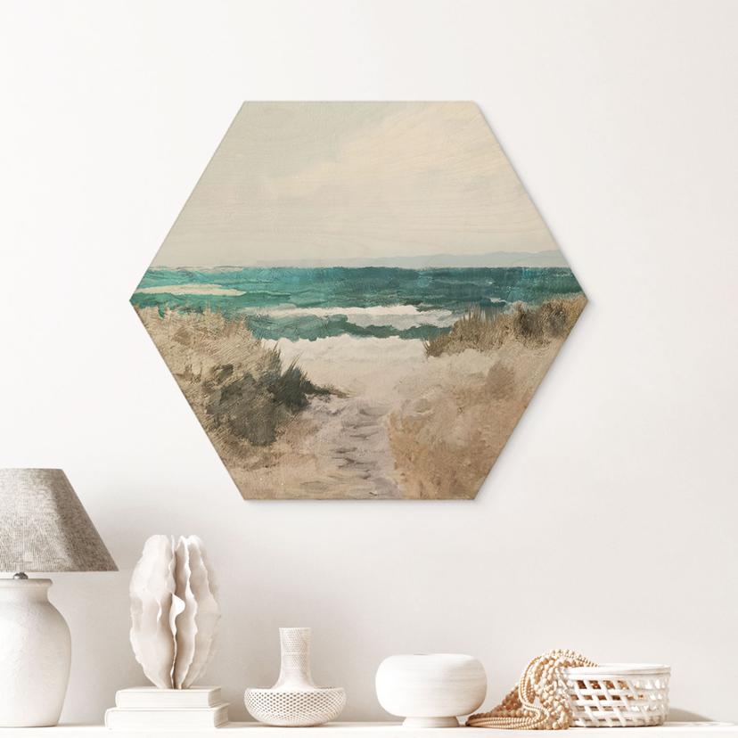 Hexagon-Holzbild Dünenweg zum Strand - Hobday