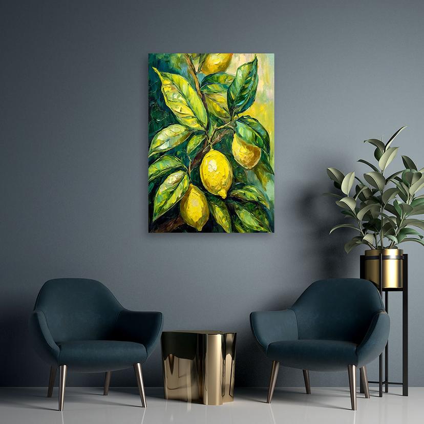 Stampa su tela, limoni in acrilico