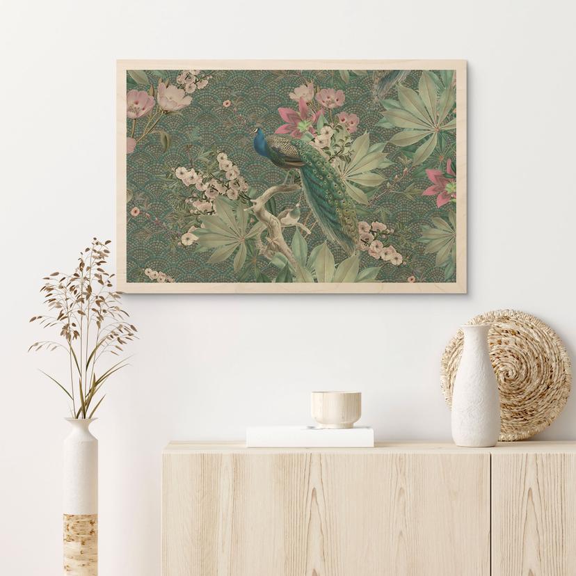 Stampa su legno di pavone in giardino tropicale su mosaico - Bloomery Decor
