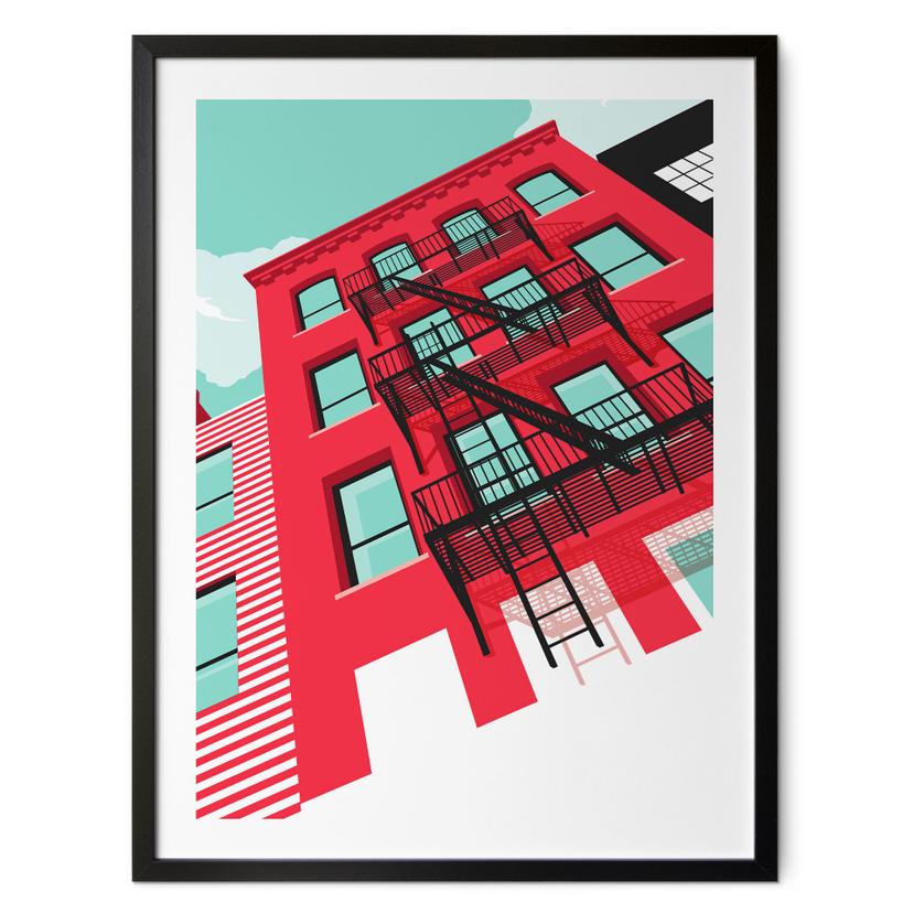 Póster Fachada roja con escalera de incendios en New York - Heemskerk