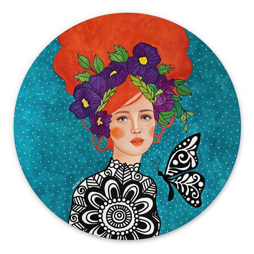 Tableaux Femme papillon avec couronne de fleurs - Hülya - Alu-Dibond Rond