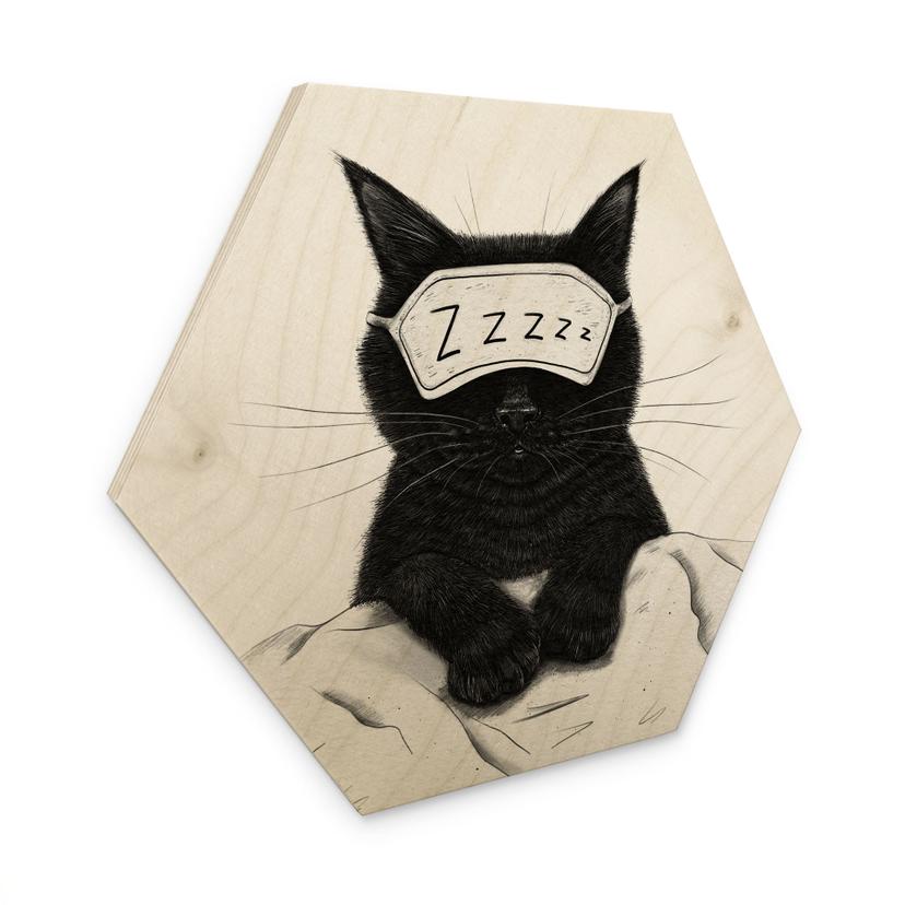 Hexagon Holzbild Schwarze Katze mit Schlafmaske - Korenkova