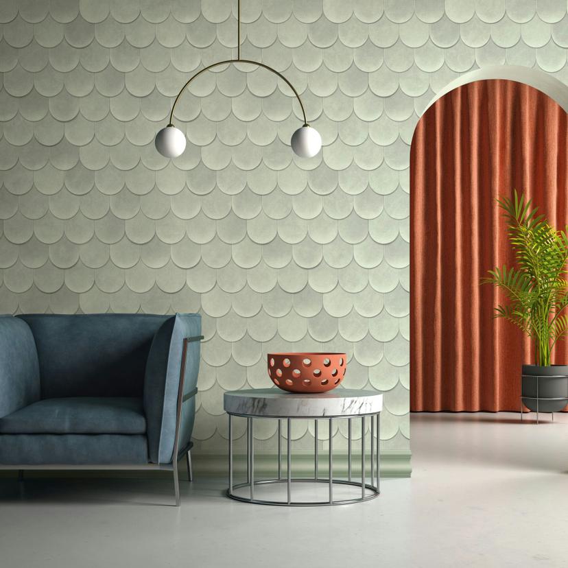 Non-woven tapet i grøn 3D-look skalaer vintage brugt look geometrisk
