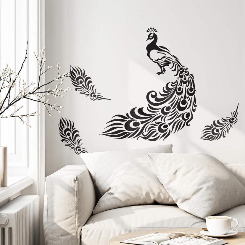 Wandtattoo Kleiner Pfau mit langem Federkleid + 3 Pfauenfedern