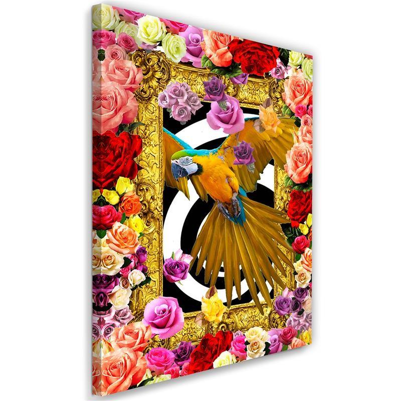 Tableau sur toile, Perroquet et roses colorées