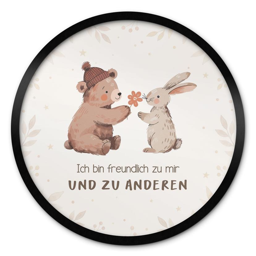 Rundes Affirmationsposter mit Bär und Hase - 'Ich bin freundlich' für das Kinderzimmer