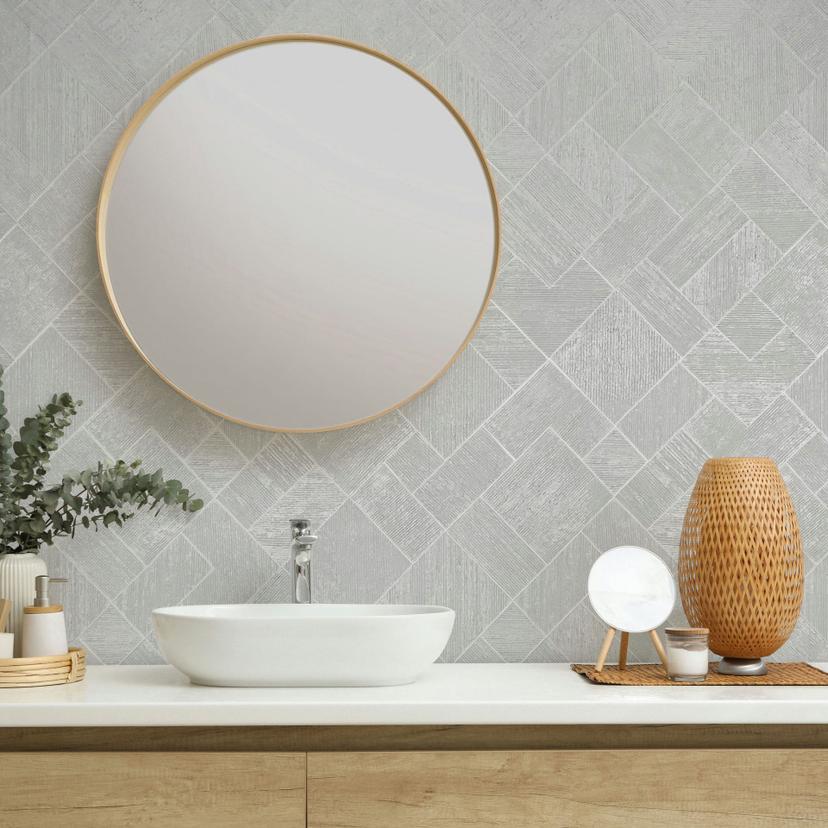 Papel pintado de tejido-no-tejido en blanco a cuadros, estampado de rombos gráfico geométrico