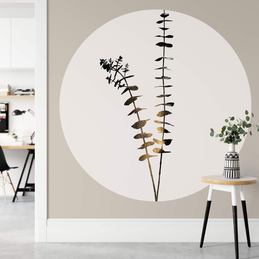 Fototapet - Rundt Kubistika - Sort og guld Eucalyptus - vliesetapet/selvklæbende non-woven tapet