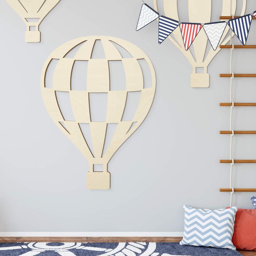 Decoración en madera de álamo - globo aerostático a cuadros