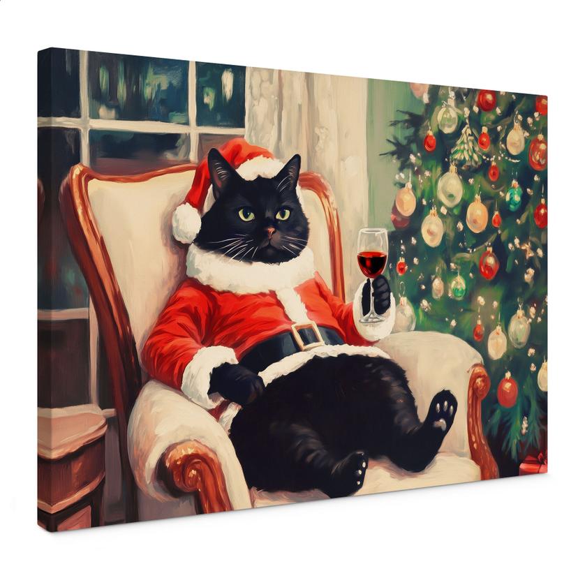Lienzo gato de Navidad con vino - Melloi Art Prints