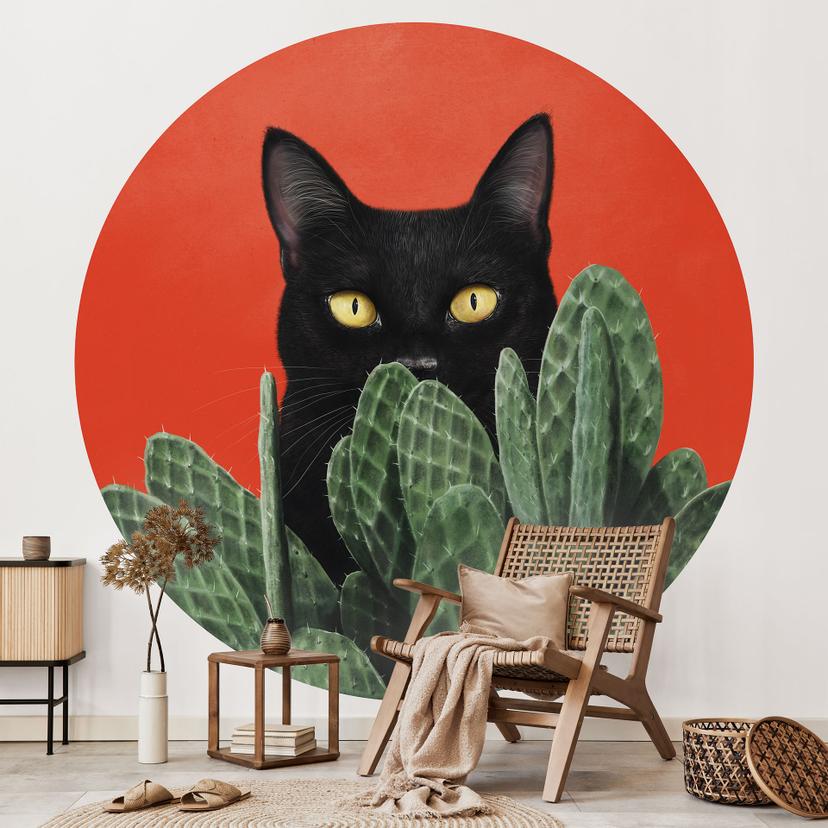 Papier peint photo Chat noir caché dans les cactus Rond - Korenkova