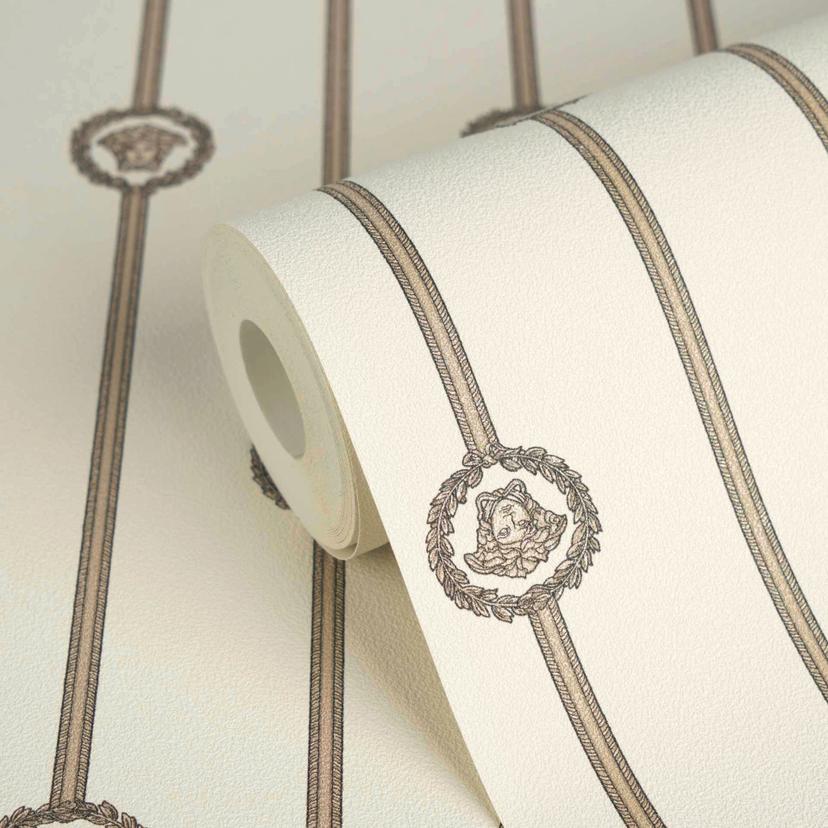 Papel pintado no tejido de lujo I Love Baroque stripes Medusa White Taupe