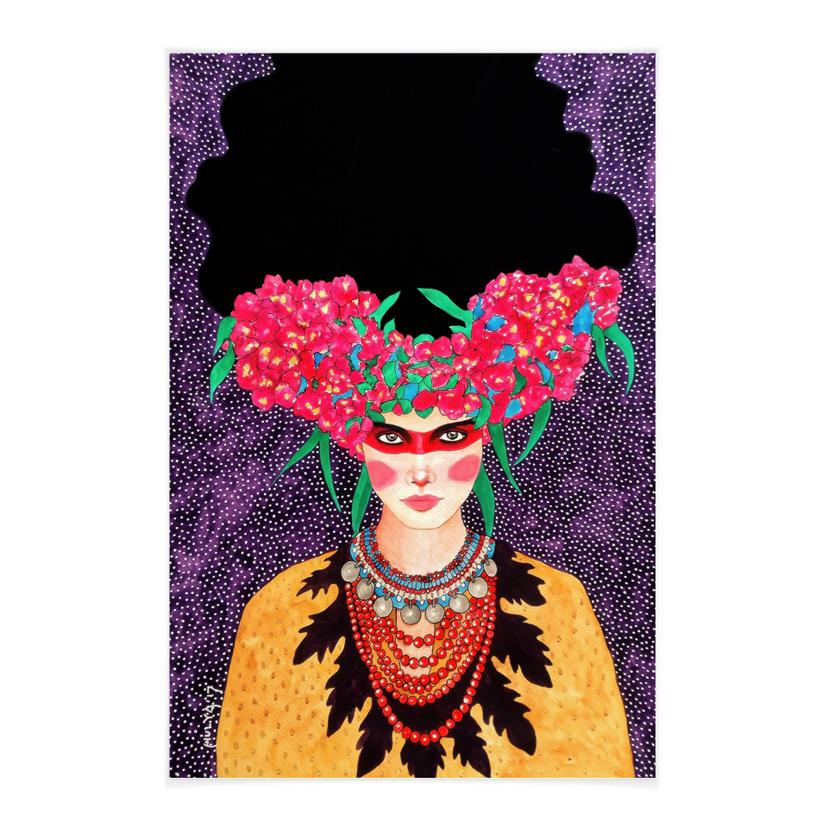 Textil poster kvinna med blomsterkrans och stärkelse - Hülya