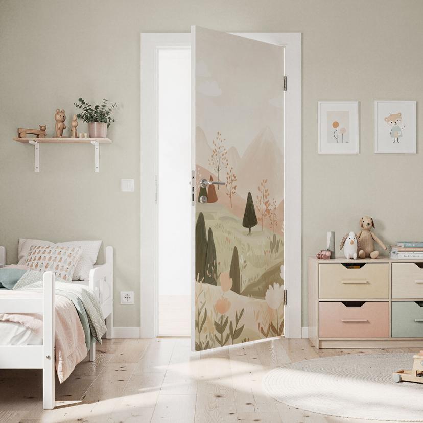 Película de puerta paisaje de montaña en colores pastel con flores - Treechild