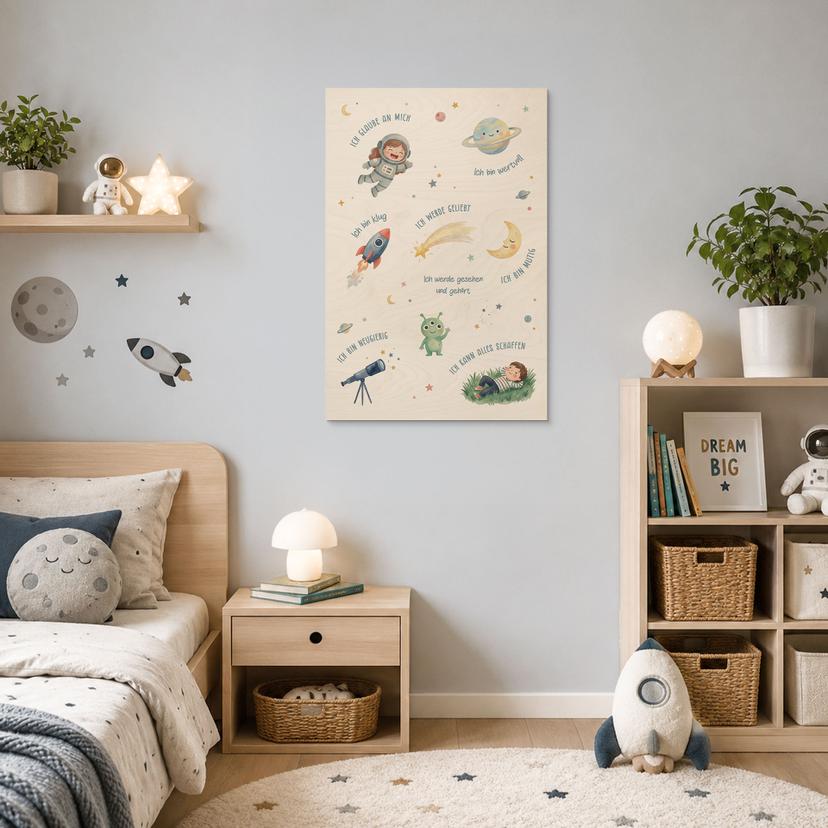 Holzbild mit Affirmationen Weltraum - kindgerechte Kraftsätze