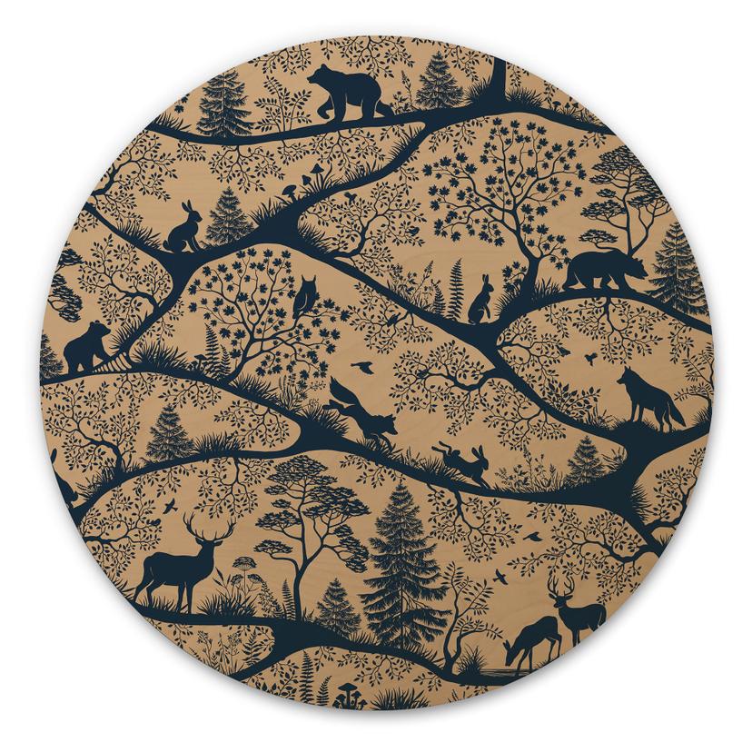 Houten Wanddecoratie Dierensilhouetten in het Noordse Bos - Oliver Robins - Rond