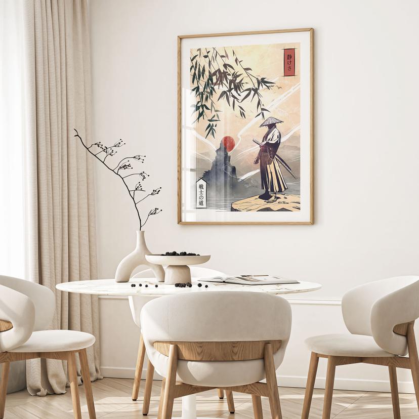 Poster Samurai con spada davanti all'alba - Roze