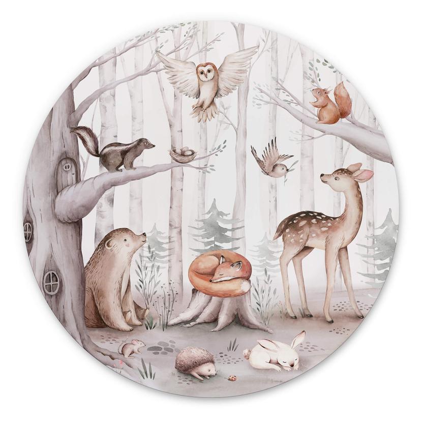 Vægcirkel Kvilis - Sweet Forest Animals – print på aluminium (Alu-Dibond)