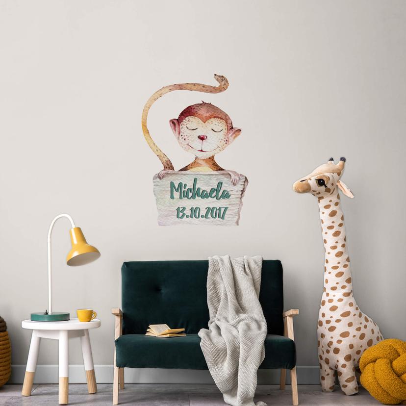 Sticker mural Kvilis - Singe avec panneau + texte à personnaliser