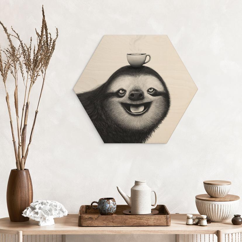 Hexagon Houten Wanddecoratie Vrolijke Luiaard met Koffie - Korenkova